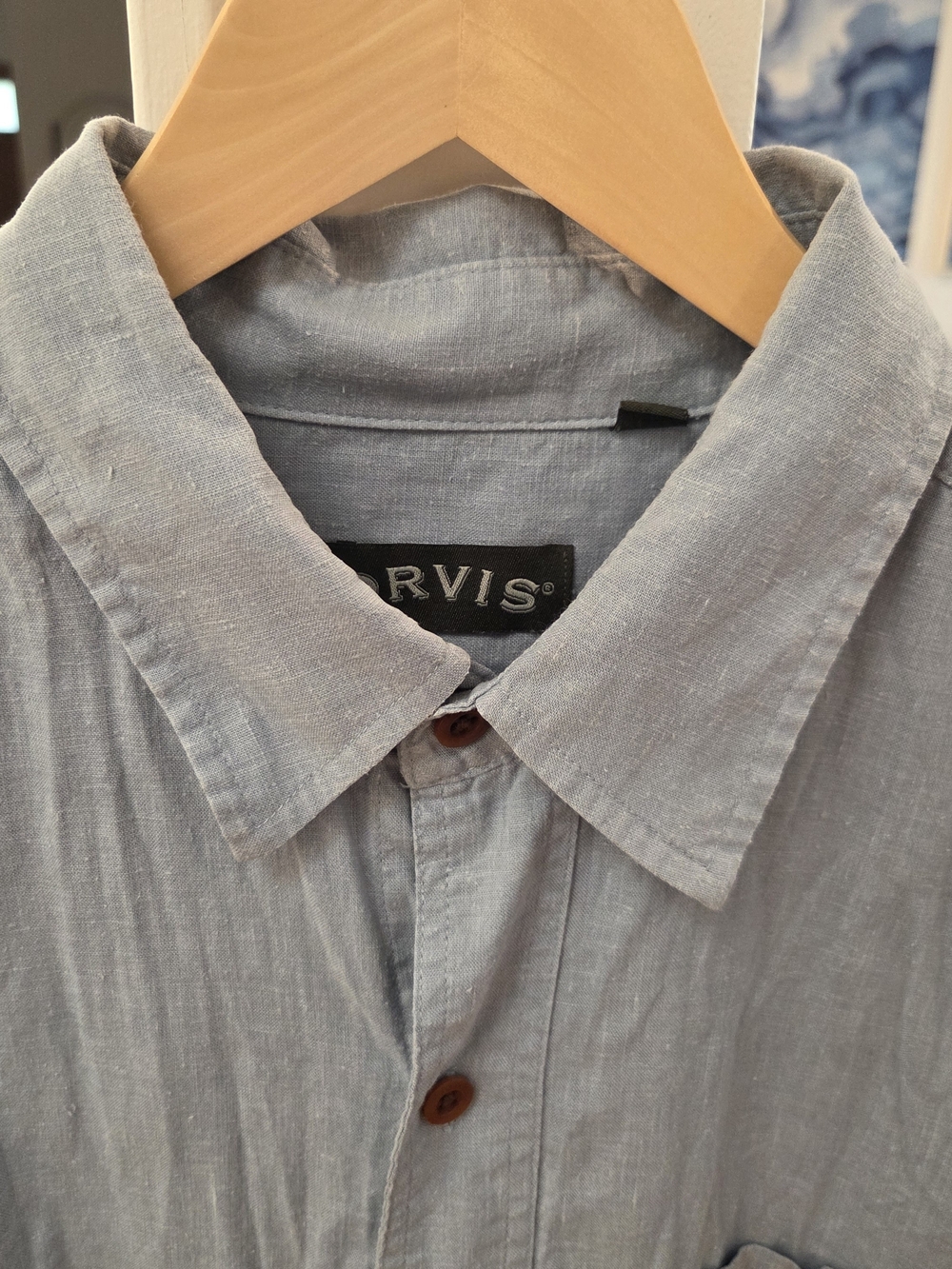 Orvis Men's Light Blue Hemp Blend Relaxed Fit Short Sleeve Button-Up Shirt (L)